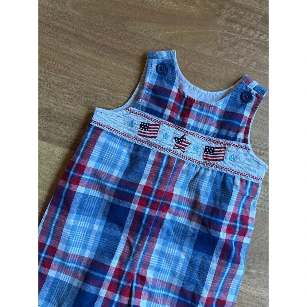 GOOD LAD Smocked baby USA american plaid romper NWT